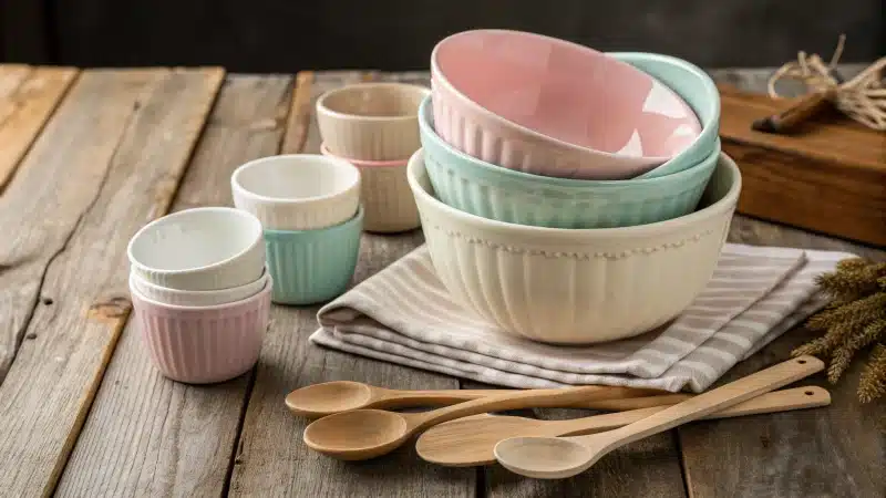 A gift set featuring pastel ceramic bowls and kitchen utensils on a wooden table