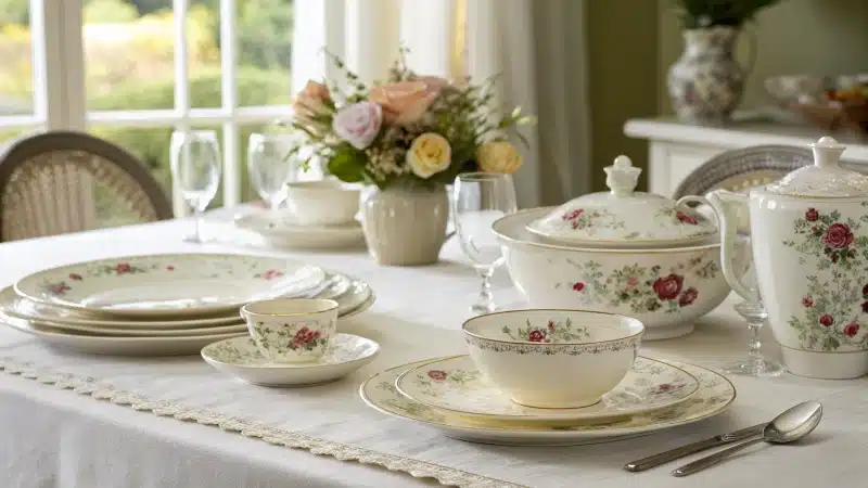 Elegant dining table with bone china dinnerware and floral decorations