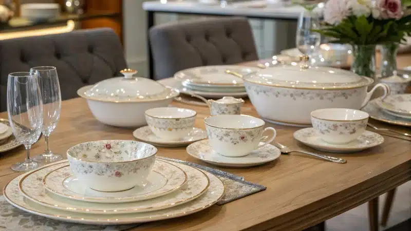 A beautifully arranged dining table with bone china tableware