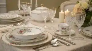 A beautifully arranged dining table with fine bone china and elegant cutlery