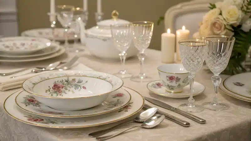 A beautifully arranged dining table with fine bone china and elegant cutlery