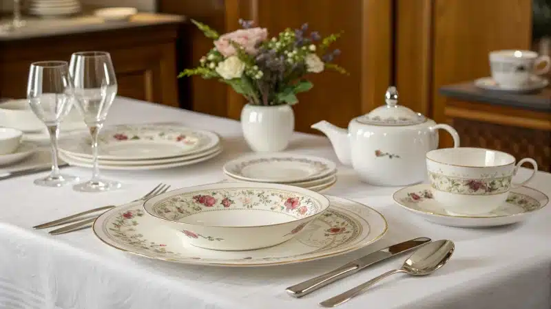 Elegant dining table set with floral china and fresh flowers