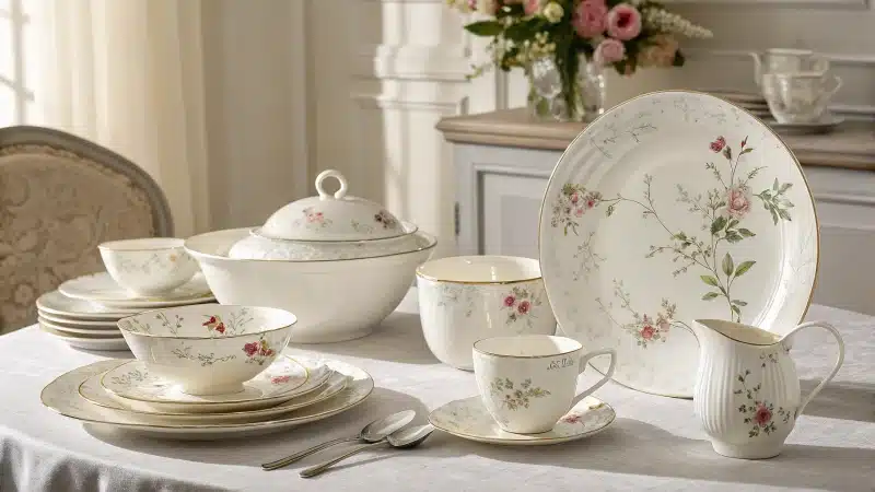 An elegant table setting featuring bone china and porcelain