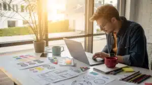 A designer working in a modern workspace with sketches and coffee mugs