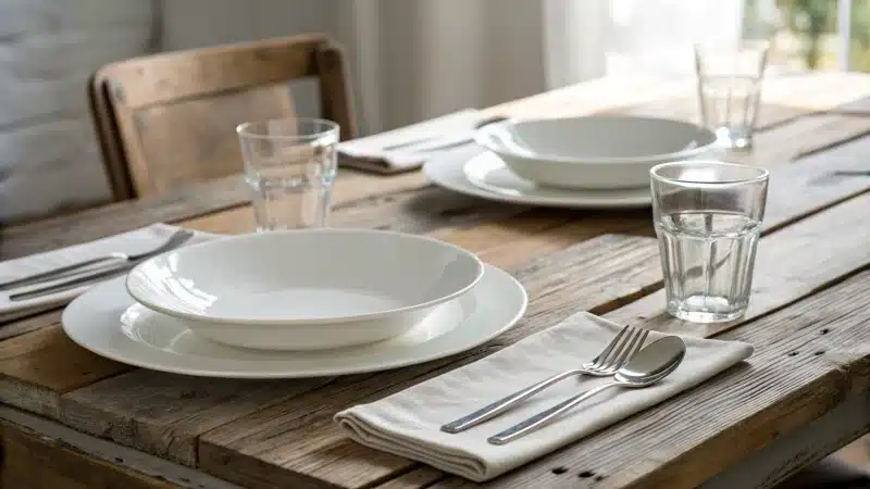 Minimalist tableware set on a rustic wooden table