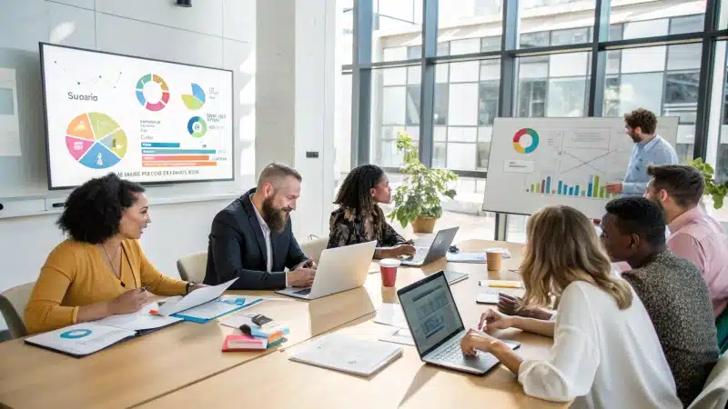 A modern business meeting room with diverse professionals discussing