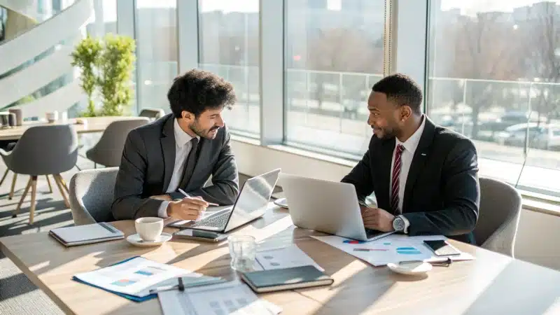 Two business professionals discussing in a modern conference room