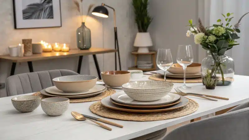 A modern dining table elegantly set with sustainable tableware.