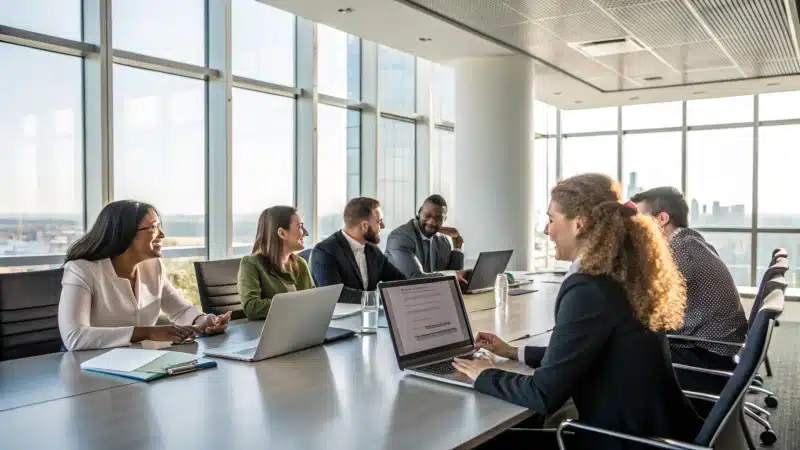 A diverse group of professionals in a modern office meeting