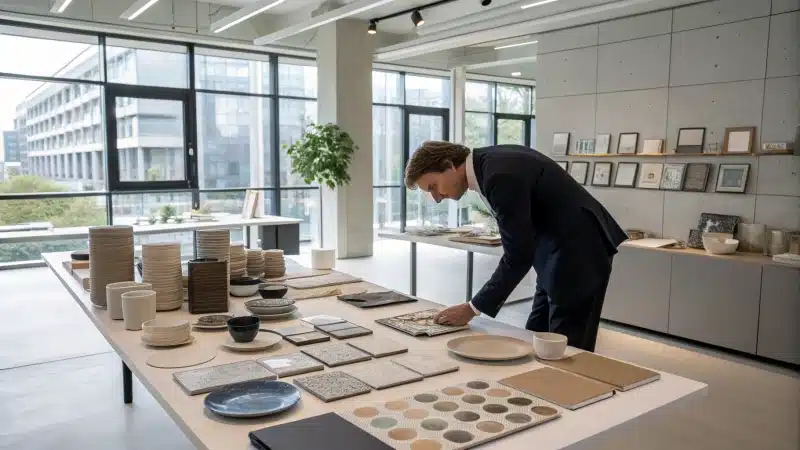 A business professional examining ceramic samples in a modern office.