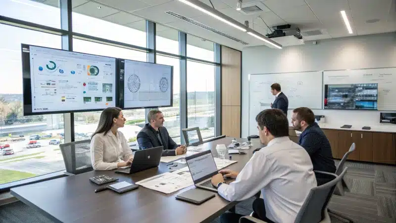 A diverse team in a modern office discussing quality control