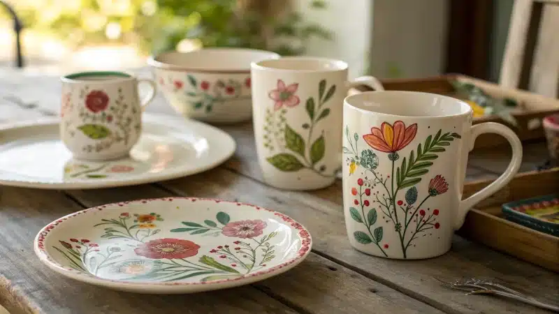 Close-up of personalized ceramic gifts on a wooden table