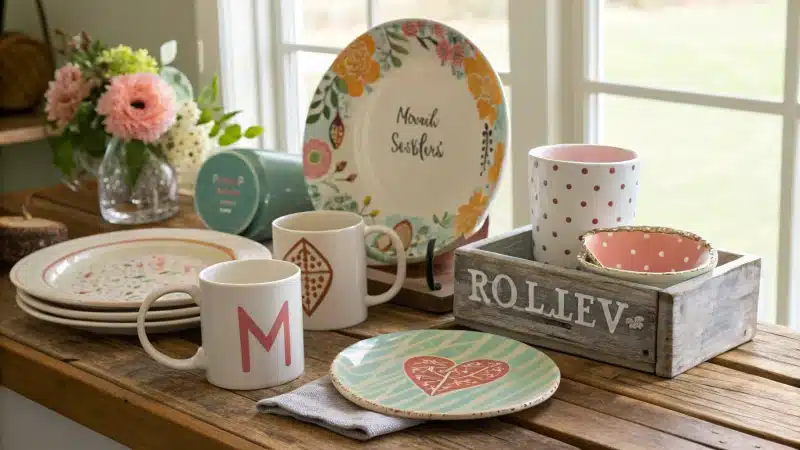 An inviting display of personalized ceramic giftware on a rustic table.