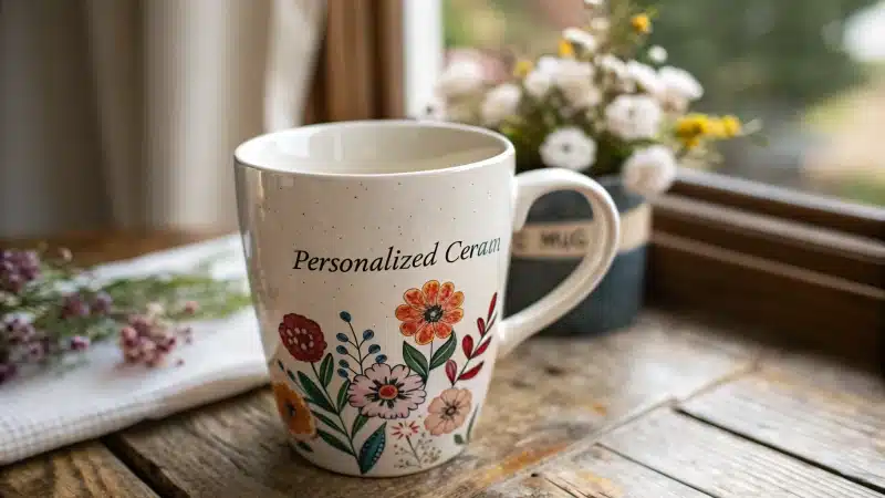 A close-up of a floral-patterned ceramic mug on a wooden table