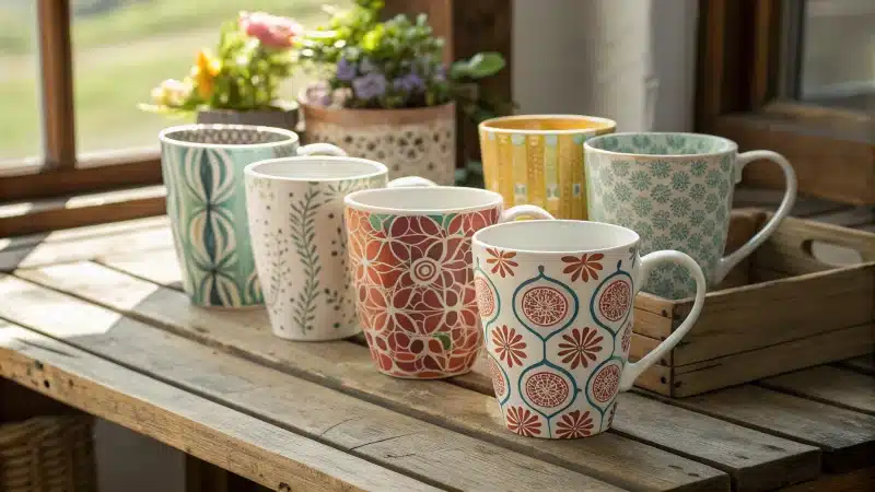 A collection of stylish mugs with various designs on a wooden table