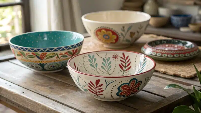 A display of beautifully designed bowls on a rustic wooden table