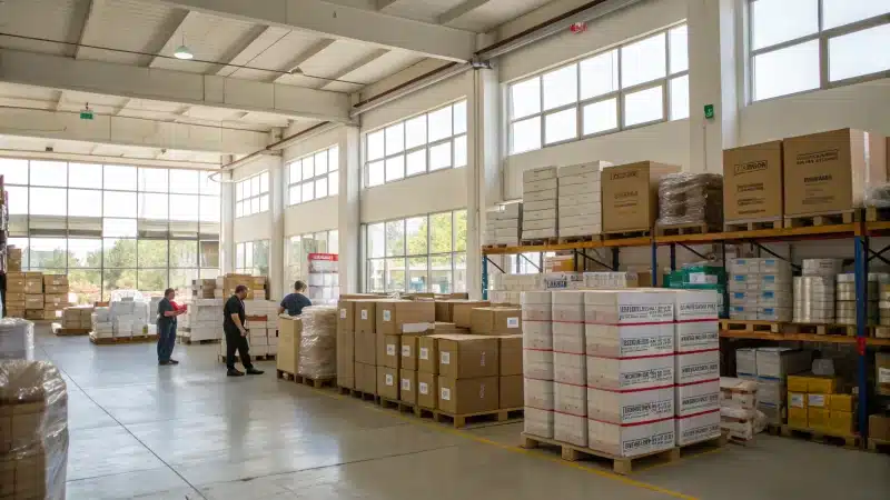 A spacious warehouse with stacks of boxes and bulk items.