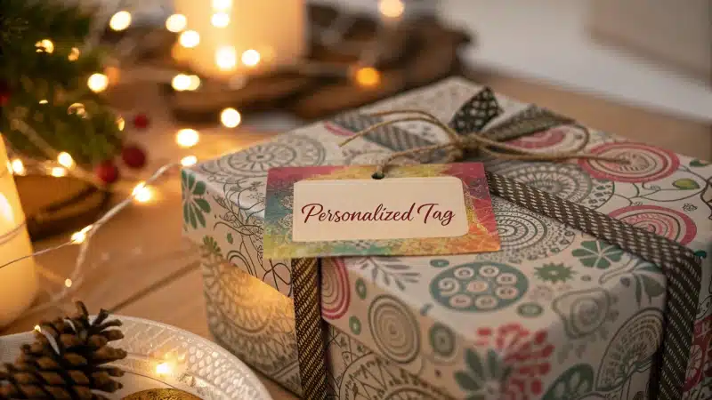 Close-up view of a beautifully wrapped gift box with intricate designs and a personalized tag.