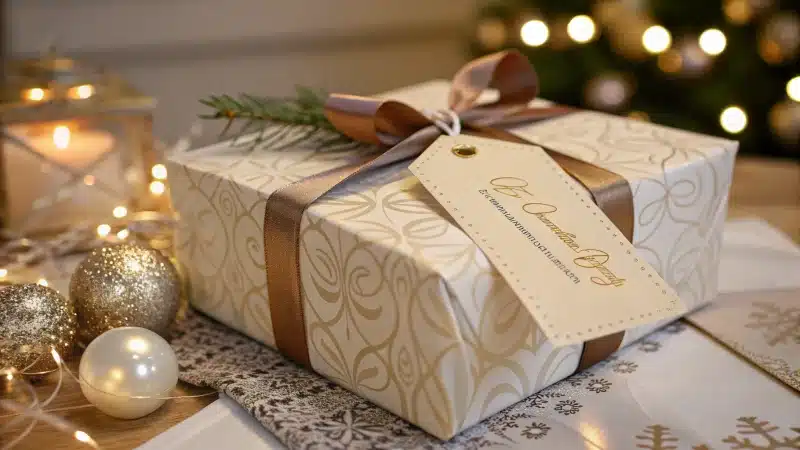 A beautifully wrapped gift box with a luxurious ribbon and personalized tag